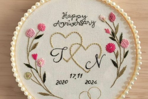 Personalized Hand-Embroidered Hoop Floral for Anniversary Gift, Custom Name Date Ornament Keepsake for Wedding Anniversary, Gift for Parents
